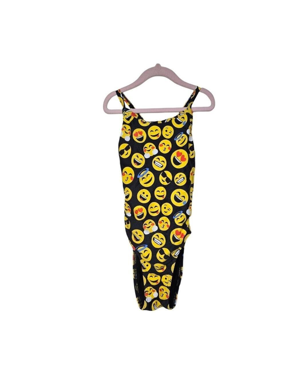 iSwim Emoji Pattern One Piece Swimsuit 26Y Girls Black Yellow Criss Cross Back
